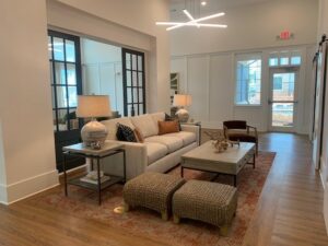 community lounge area. contemporary furniture, neutral tones